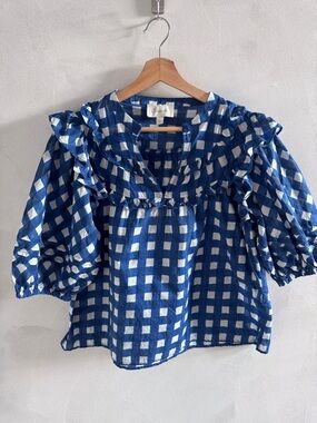 Cleobella - Blue and White Block Print Peasant Top - Size M